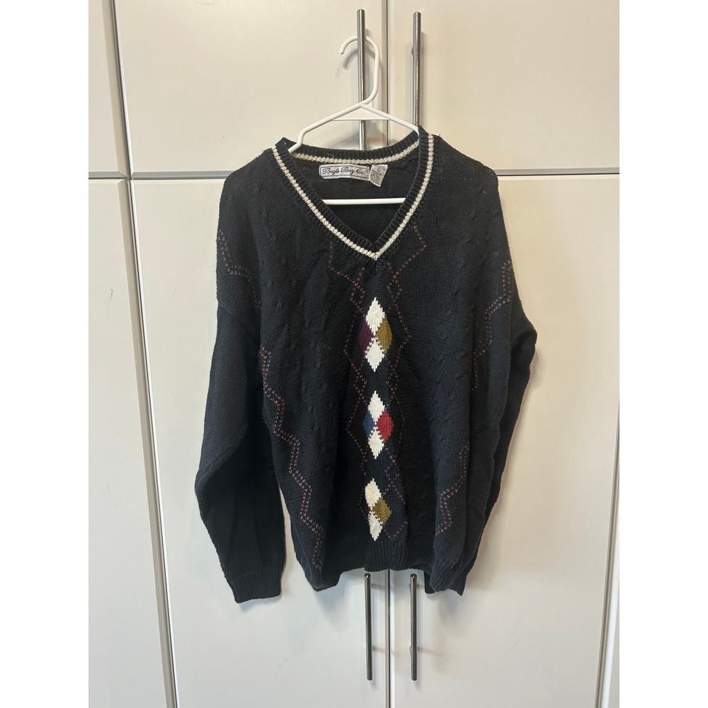 Vintage Bugle Boy Co Mens Argyle V-Neck Sweater Black Multi Color Knit Large
